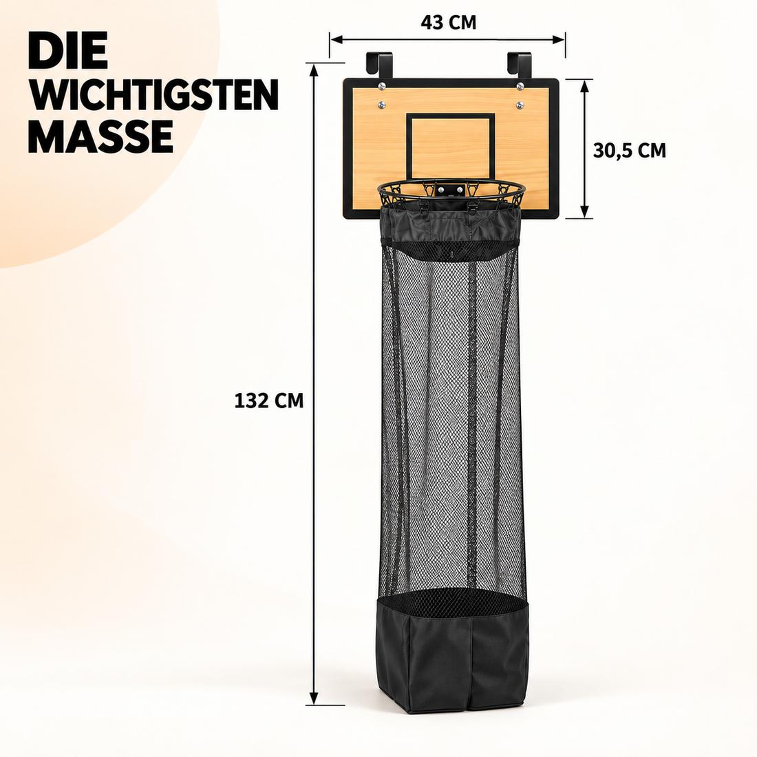 Maßbild des ZimmerDunk Wäschekorbs mit Basketballkorb